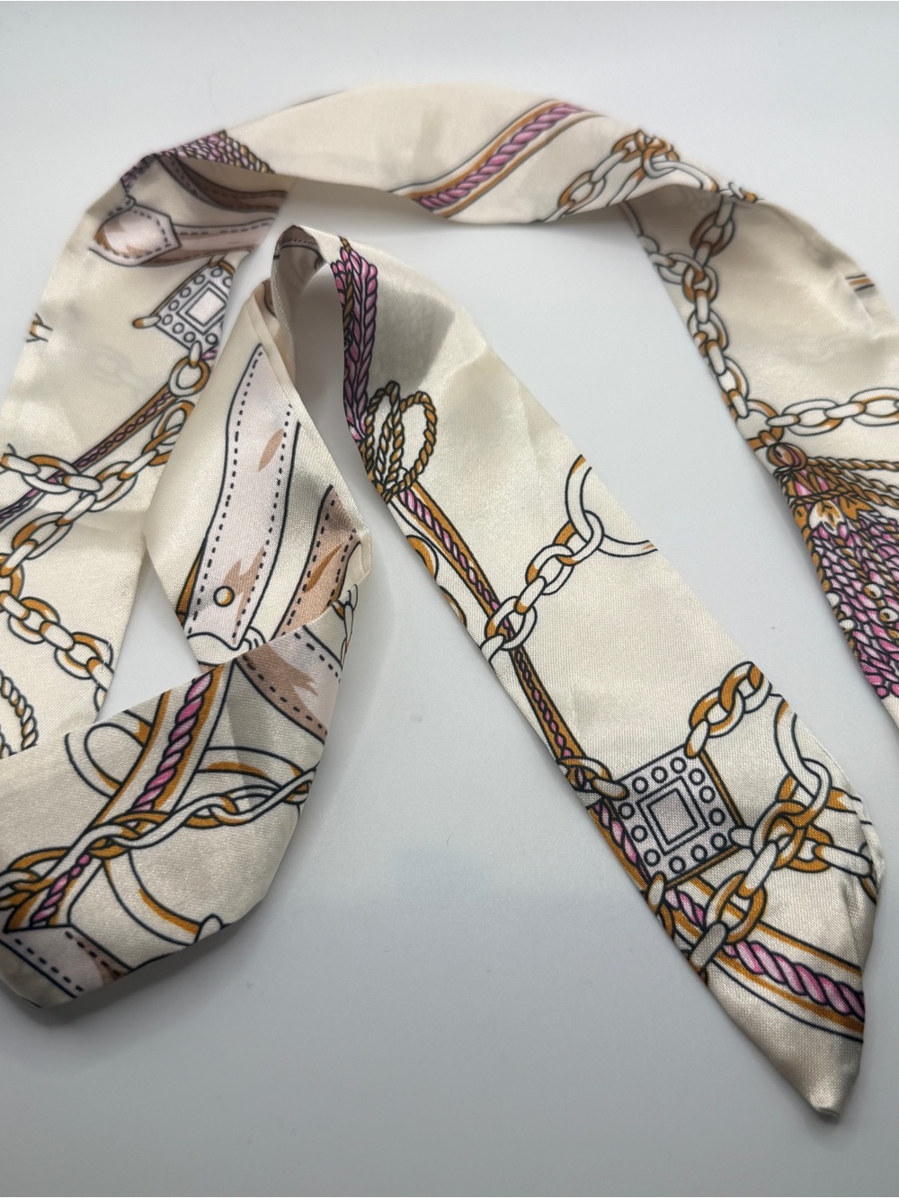 Equestrian Chain and Belt Print Skinny Twilly Scarf - Cream & Blush Pink